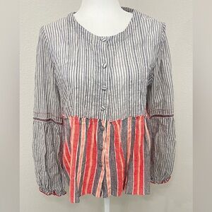 LemLem Boho Blue & White & Peach Peplum Blouse w/ Fabric Buttons Small